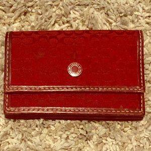 Red jacquard and leather Coach card wallet